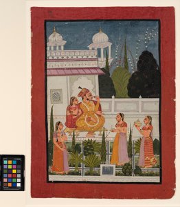 Rádža na terase se svým rani, za účasti tří žen, konec 18. století (neprůhledný akvarel na papíře) od Indian School