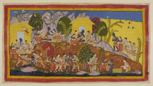 Add 15296 (1) f.114r, Nahoře uprostřed se Bharata a Shatrughna vrhají k nohám Rámy, který objímá své mladší bratry a cítí hlavy Sitaeir. Ráma si je vezme na klín, když žádá o jejich blaho a blaho jejich otce, a h od Indian School