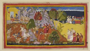 Přidejte 15296 (1) f.118r, Brahmani a královny ve svých vrzích se přibližují. Kausalya poukazuje na místo u řeky, kde Ráma nabízel rituální vodu, a naříká nad žalostnou kvalitou pind, jak byly nabízeny jejímu mrtvému manželovi. Tři vyhnanci t od Indian School