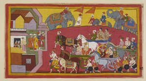 Add 15296 (1) f.128r, Vozy Vasisthy a princů za účasti různých ministrů a lidí vjíždějí do města Nandigrama. od Indian School