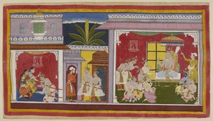 Add 15296 (1) f.2r, V trůnním sále v Ayodhya (vpravo) sedí král Dasaratha se svými čtyřmi syny, ministrem Sumantrou a hlavním knězem Vasisthou. Yudhajit, bratr královny Kaikeyi a strýc z matčiny strany Bharata, přišel vzít Bharatu na návštěvu od Indian School