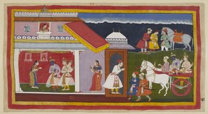 Add 15296 (1) f.41r, Poté, co konečně přesvědčili svou matku a bratra, aby klidně přijali jeho osud, se Ráma a Laksmana vrátí do jeho vlastního paláce ve voze a Rámova hlava skloněná ve své obvyklé pokoře. Potká je Sita, která ho poprvé zahlédla z u od Indian School