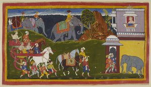 Přidejte 15296 (1) f.4r, Bharata, Shatrughna a jejich strýc, spolu se strážci a dvěma vedenými jezdeckými koňmi, s naloženými slony za horizontem, dorazí do paláce krále Kekaya, dědečka Bharaty z matčiny strany, který je očekává. vyhlíží od Indian School