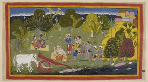 Add 15296 (1) f.63r, Společníci dosáhli řeky Ganga v Srngaverapura Ráma a Sita sedí na rohoži ze slámy pod stromem, který má být Ingudi stromem, zatímco Laksmana a Sumantra sedí podobně čelem k nim. Koně byli unhar od Indian School
