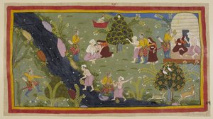 Přidejte 15296 (1) f.79r, Dasaratha vypráví královnám o incidentu v mládí, kdy při lovu omylem zabil syna mudrce. Vlevo Dasaratha omylem míří lukem mezi stromy na mladíka, který na druhém plní svůj džbán s vodou. od Indian School