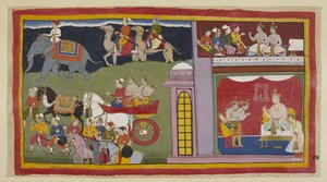 Přidejte 15296 (1) f.84r, Poslové v horní komoře řeknou princům, aby se vrátili do Ayodhya. Dole v trůnním sále, oblečení na cestu, se princové loučí s králem Kaikeyim a jeho synem Yudhajitem. Sedí ve voze s m od Indian School
