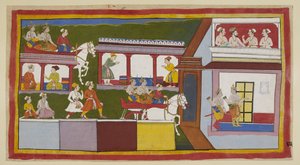 Add 15296 (1) f.85r, Princové ve svém voze projíždějí hlavní ulicí v Ayodhya, divíce se, jak se město změnilo od doby, kdy ho opustili, a pak vstoupili do paláce s tázavými gesty. V horní místnosti se schází bráhman a tři ministři od Indian School
