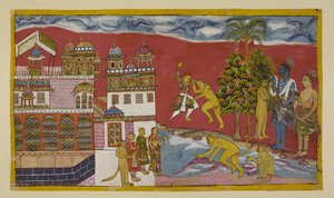 Přidejte 15296 (2) f.16r, Zpátky před palácem Kiskindha od Indian School