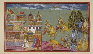 Přidejte 15296 (2) f.18r, Před palácem se Sugriva a Balli zuřivě bijí pěstmi a hřebíky a pak trhají stromy a skály, ale Balli je silnější a pomalu je Sugriva nucen ustupovat. Když Ráma vidí, že Sugriva prohrává, k od Indian School