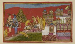 Add 15296 (2) f.24r, Před palácem leží Balli a umírá. Tara a jejich syn Angada se vynořili z paláce, aby ho oplakávali, zatímco Hanuman a ostatní opice je utěšují. Bali se probere ze své slabosti, aby řekl Sugrivovi, že opouští své království od Indian School