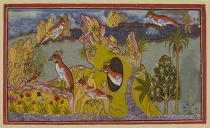 Add 15296 (2) f.68r, Opice se rozhodly zemřít hlady na březích jižního oceánu, než aby se vrátily, aby čelily hněvu svého krále. Vidí je bezkřídlý sup Sampati, bratr supího krále Jatayu, který od Indian School