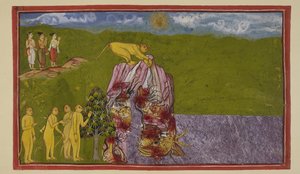 Add 15296 (2) f.81r, Na břehu velkého oceánu byly opice zděšeny tím, jak by ho mohly překročit, aby dosáhly La?k?. Angada se jich všech zeptal, jak daleko mohou skočit, ale nikdo si nebyl jistý, že skočí tak daleko, dokud Jambavan nenaléhal na Hanumana, od Indian School