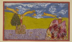 Přidejte 15296 (2) f.84r, Nezděšený šířkou oceánu se Hanuman nafoukne do nesmírných rozměrů a pomocí stále hořící hory Mahendra jako odpalovací rampy se vrhne do vesmíru a přes oceán do ostrovního království La. ?k?. Oceán povzbuzuje od Indian School