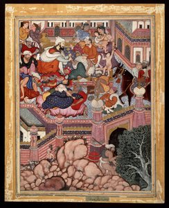 Amr, převlečený za chirurga Mazmahila, praktikuje šarlatánství na čarodějích z Antali, ca. 1570 (neprůhledný akvarel a zlato na bavlně) od Indian School