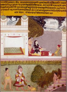 Ascete poslouchá hudbu na terase miniaturního paláce indické školy, kolem roku 1760. Soukromá sbírka od Indian School