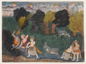 Balarama Kills the Ass Demon, stránka ze série Dispersed Bhagavata Purana Series, cca 1725 (neprůhledný akvarel a stříbro na papíře) od Indian School