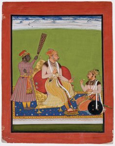 Bhao Singh na trůnu se šlechticem u nohou, kolem 1680 (neprůhledné wc a zlato na papíře) od Indian School