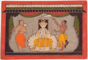 Buddha avatar Višnua, cca 1700 (neprůhledné wc, zlaté a broučí krunýře na papíře) od Indian School