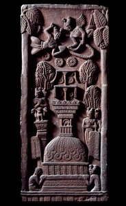 Buddhismus: “” Mahaparinirva a ou parinirvana, konec pozemské existence Buddhy, dosažení nirvány”” (Parinirvana, konečná nirvána, ke které dochází po smrti těla Buddhy) detail du stupa de Bharhut (Barhut, Barouth) Nízký reliéf černé od Indian School