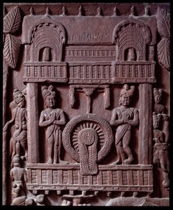 Buddhismus: “” Poslední návštěva Prasendžita u Buddhy” (poslední návštěva Prasandžita u Buddhy) detail du stupa de Bharhut (Barhut, Barouth) Nízký reliéf černého kamene, 2. století př. n. l. (2. století př. n. l.) - Kalkata, indické muzeum od Indian School