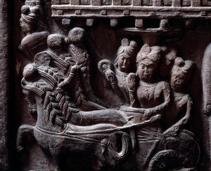 Buddhismus: “” Poslední návštěva Prasendžita u Buddhy” (poslední návštěva Prasandžita u Buddhy) detail du stupa de Bharhut (Barhut, Barouth) Nízký reliéf černého kamene, 2. století př. n. l. (2. století př. n. l.) - Kalkata, indické muzeum od Indian School