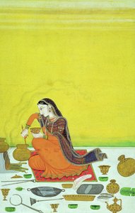 CBL In 11B.30 Dáma připravuje jídlo, miniatura ze série Bhagavata Purana, Kangra, kolem roku 1810 od Indian School