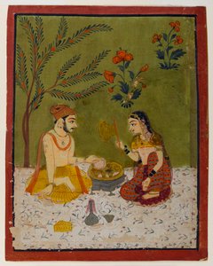 Pár sedící pod stromem, cca 1700 (wc a zlato na papíře) od Indian School