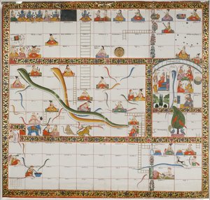 Design pro hru Snakes and Ladders, 1800 (kvaš na papíře připevněný na látku) od Indian School