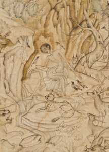 Detail z Majnunu v divočině, cca 1595 (neprůhledné wc a zlato na papíře) od Indian School