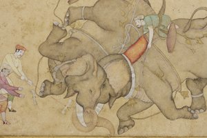 Detail ze souboje se slony, s arabskou květinovou hranicí, cca 1610 (neprůhledné wc a zlato na papíře) od Indian School