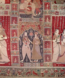 Detail nástěnného závěsu zdobeného evropskými postavami (malovaná bavlna) od Indian School