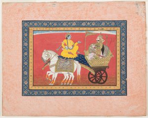 Dialog mezi Krišnou a Ardžunou na bitevním poli Kurukshetra, kolem roku 1820 (neprůhledný akvarel a zlato na papíře) od Indian School