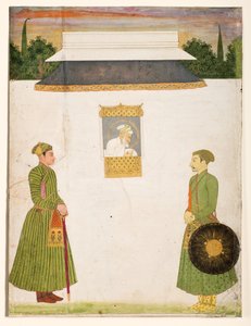Císař Aurangzeb u okna jharokha, dva šlechtici v popředí, kolem 1710 (neprůhledné wc zlato na papíře) od Indian School