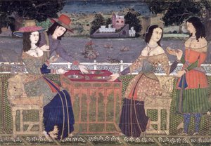 Evropané se osvěžují na balkóně, Mughal, případně Deccan (neprůhledné wc na papíře) od Indian School