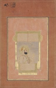 Farrukh Siyyar sedí u okna a drží zlatý sarpech, kolem roku 1715 (neprůhledné wc a zlato na papíře) od Indian School