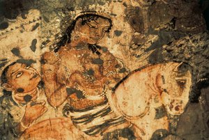 Postava ženy na hřbetě koně, Nástěnná malba v jeskyních Ajanta (číslo 1), období Gupta, 5.-6. století (malba) od Indian School