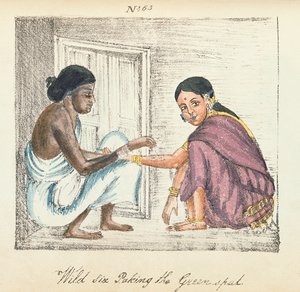 Věštkyně a žena, ze „Sbírka různých kast Indie“, od Venkata Ramasvani, publikoval Madras 1837 (barevné lito) od Indian School