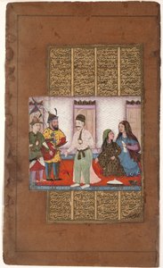 Garsivaz zatýká Bizhan v apartmánech Manizhas, kolem 1610 (neprůhledné wc a zlato na papíře) od Indian School