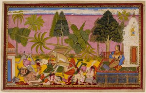 Hanumān zaútočí na démony, zničí zahradu rozkoší a porazí Rávanovy síly, zatímco Síta přihlíží. 1653 (miniatura) od Indian School