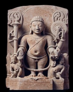 Hinduismus: „“reprezentace Višnua“ (Višnu) – socha gresu (pískovcová socha), škola Mathura, říše Kouchan od Indian School
