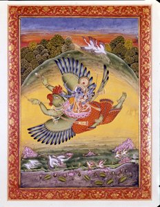 Hinduismus: zobrazení ptáka Garuda nesoucího Višnua (nebo Višnua), velkého hinduistického božstva a jeho manželky Lakhmi od Indian School