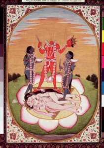Ikona Chinnamasty, Mahavidya vycházející ze spojených těl původního páru, Kangra, kolem roku 1800 (kvaš na papíře) od Indian School