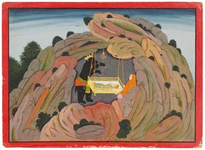 Ilustrace k Bhagavata Puraně: Jambavan dává drahokam Symantaka své dceři, aby si hrála, kolem 1760-65 od Indian School