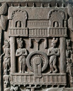 Indické umění, hinduismus: nízký reliéf představující poslední návštěvu krále Prasendžita II u Gautama Buddhy (Buddha). 2. století před naším letopočtem. Kalkata, indické muzeum od Indian School
