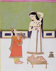 Indická dáma na toaletě při pohledu na sebe v zrcadle (kvaš a plátek zlata na papíře) od Indian School