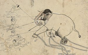 Isarda nebo kotah přípravná kresba zkrocení slona, kolem roku 1720 od Indian School