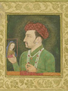 Džahángír drží obraz Madony s nápisem v perštině: Janhangir Shah, Mughal od Indian School