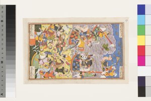 Khusrau II Parviz a Bahram Chobin: Druhá bitva, 1608 (neprůhledné wc a zlato na papíře) od Indian School