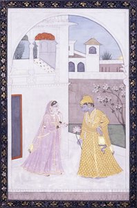 Krišna stojí a drží lotosový květ, jeho milenka v růžovém sárí, c. 1800 od Indian School
