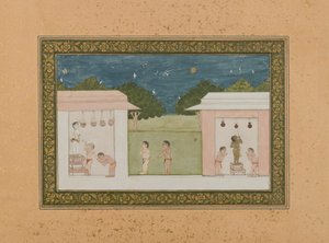 Krishna Stealing Curds, cca 1775 (neprůhledné wc a zlato na papíře) od Indian School